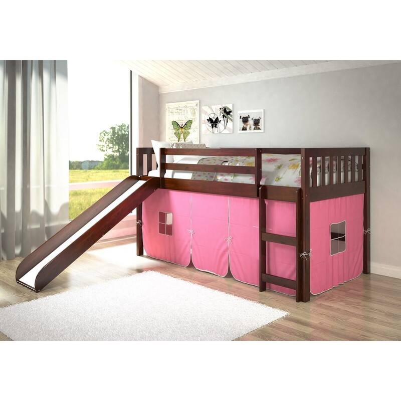 Donco Kids Mission Tent Loft Dark Cappuccino Twin Bed with Slide - Twin Loft - Pink Tent