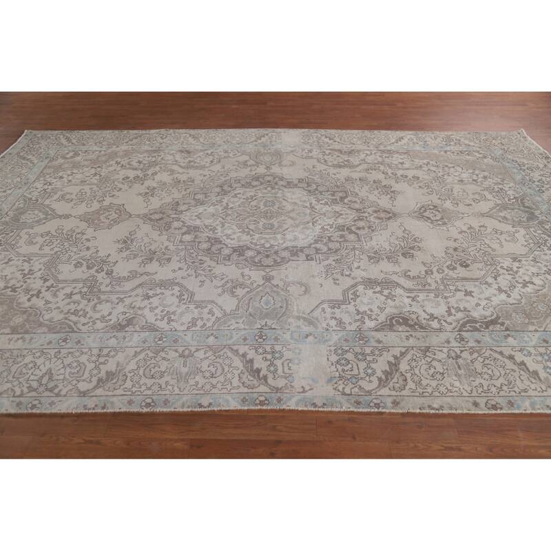Hand Knotted Oriental 100% Wool Carpet Traditional Medallion Beige & Ivories Tabriz Area Rug - 10' 9'' X 7' 8''