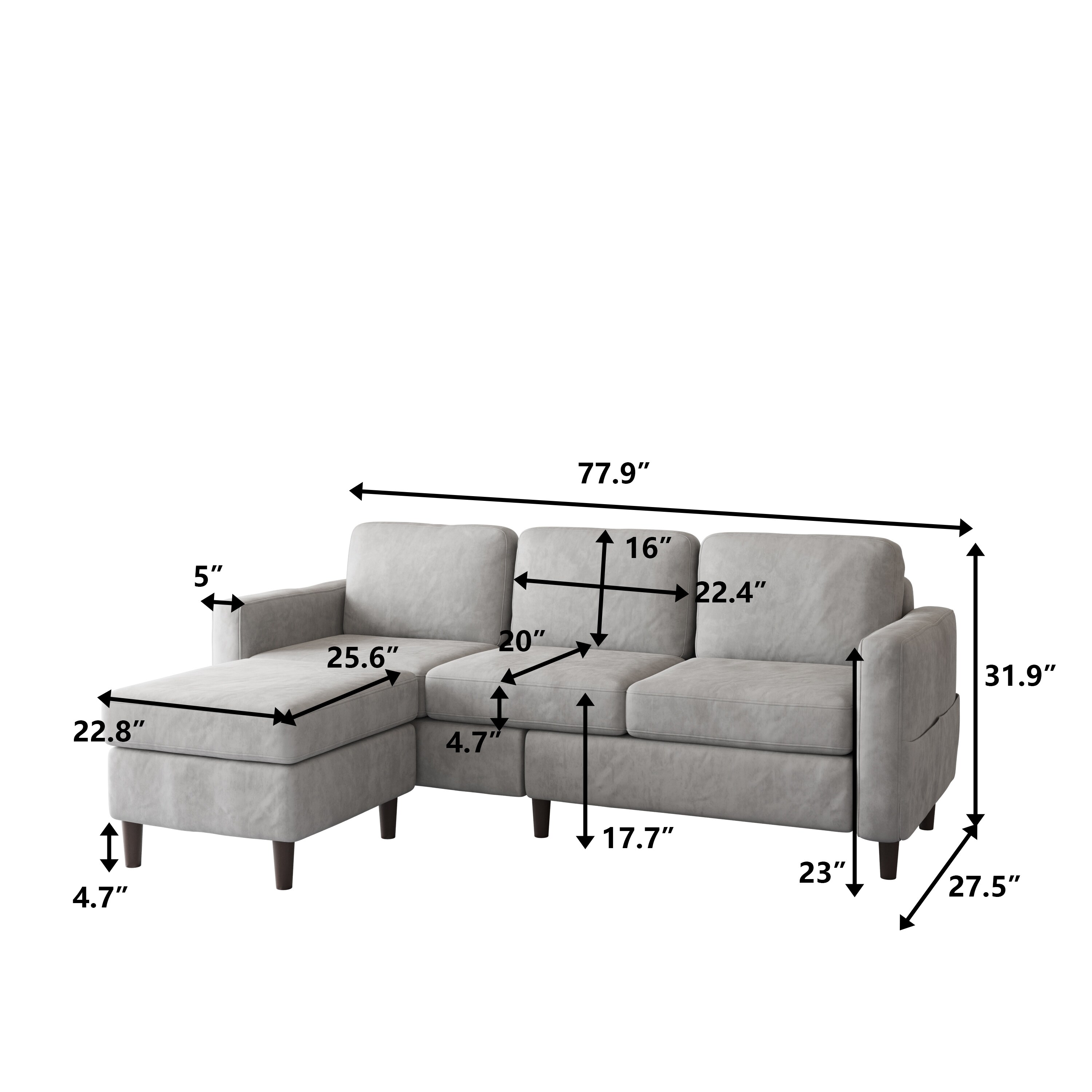 Sectional Sofa with Handy Side Pocket,Living Room L-Shape 3-Seater