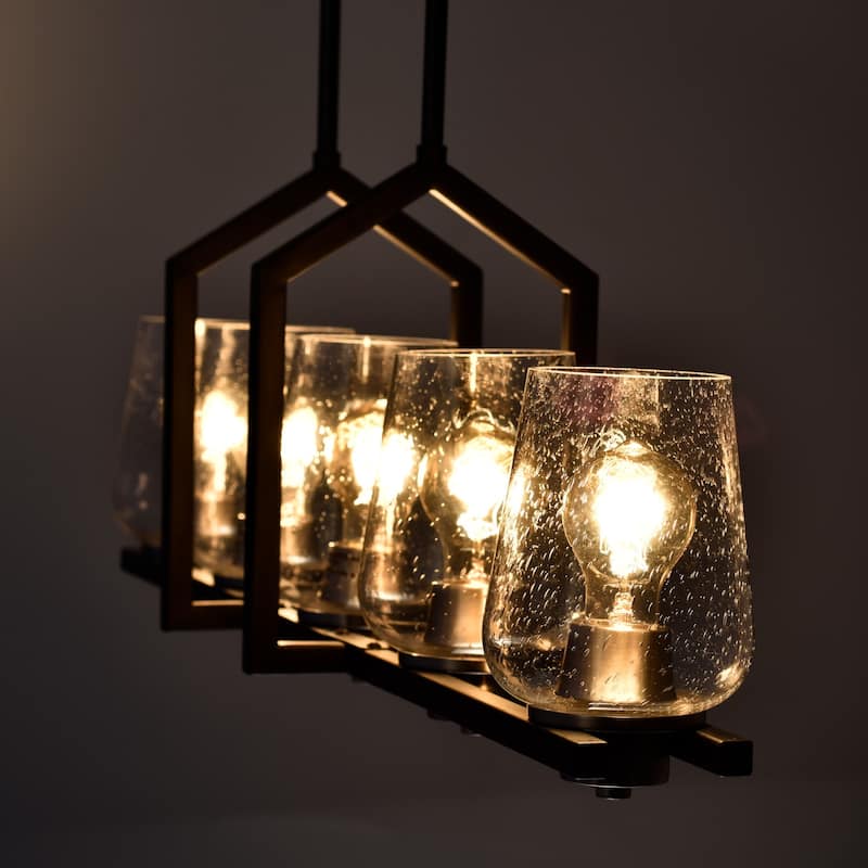 Black 5-Light Wrought Iron Linear Kitchen Island Lighting with Glass Shade