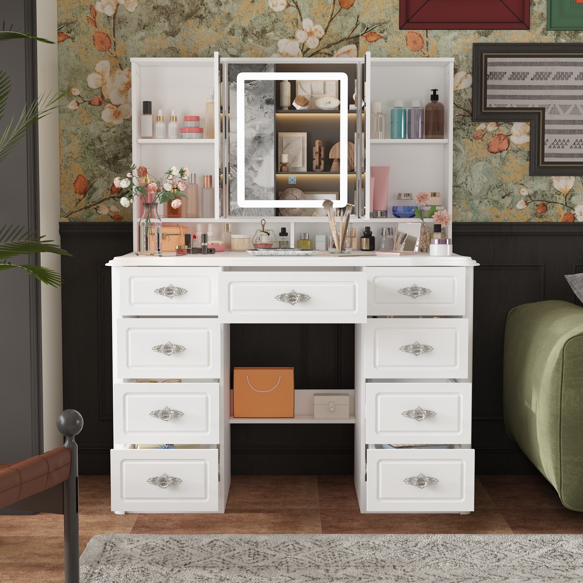 Modern White Vanity Desk with LED Lighted Mirror, Adjustable Side Mirrors & Silent Drawers, Makeup Dressing Table with Storage