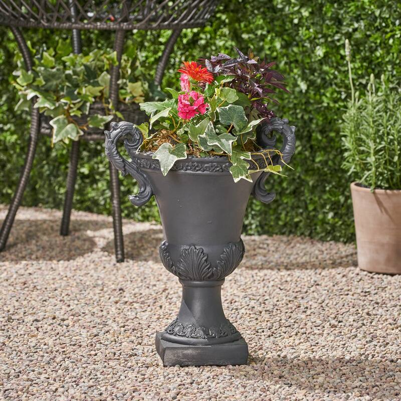 DELPHINE URN Black Magnesium Oxide Planter 15.5x11.25x19.25 Inch Roman Style Indoor/Outdoor with Drainage