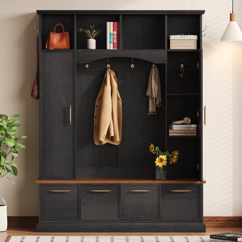59" Farmhouse Hall Tree - 4-in-1 Entryway Bench with Golden Hooks, Adjustable Shelves & Shoe Storage - Black