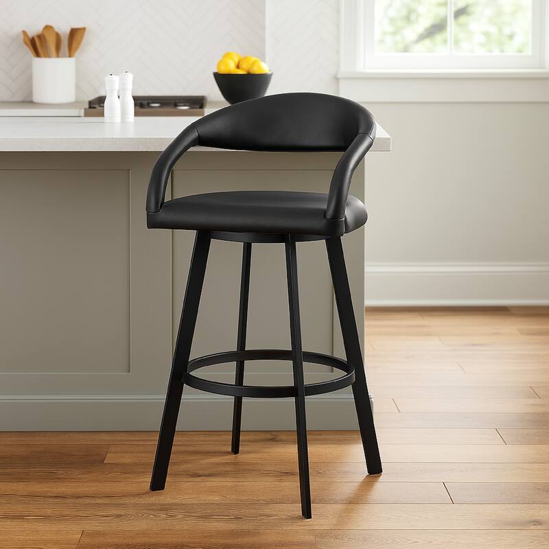 Monie Swivel Barstool Chair, Curved Floating Back, Black Faux Leather