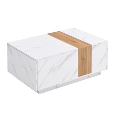 Modern 35.4 x 23.6 Inch Two-tone Coffee Table with Faux Marble and Walnut Wood Grain Finish