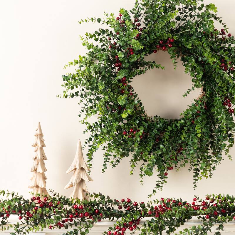 Glitzhome 9ft/6ft Christmas Greenery PE Dripping Eucalyptus Garland & 28"D Wreath with Red Berries