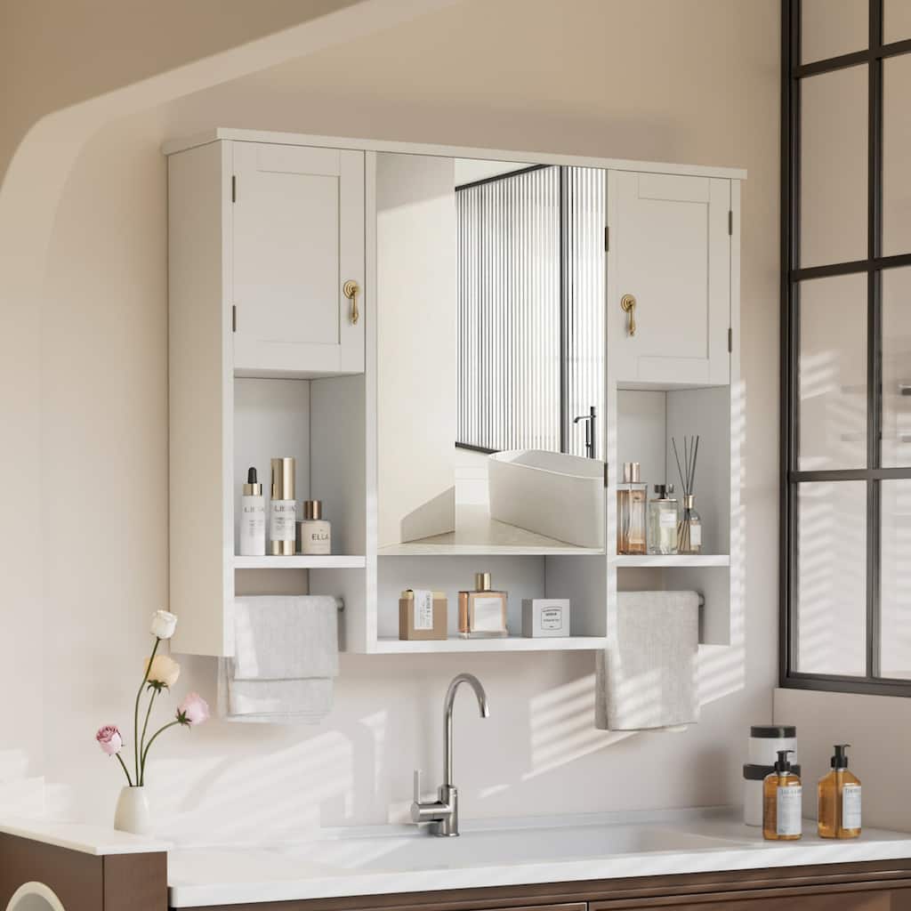 VECELO Bathroom Medicine Cabinet with Mirror, Wall Mounted Bathroom Storage Cabinet, Mirror Doors and 2 Towel Bars