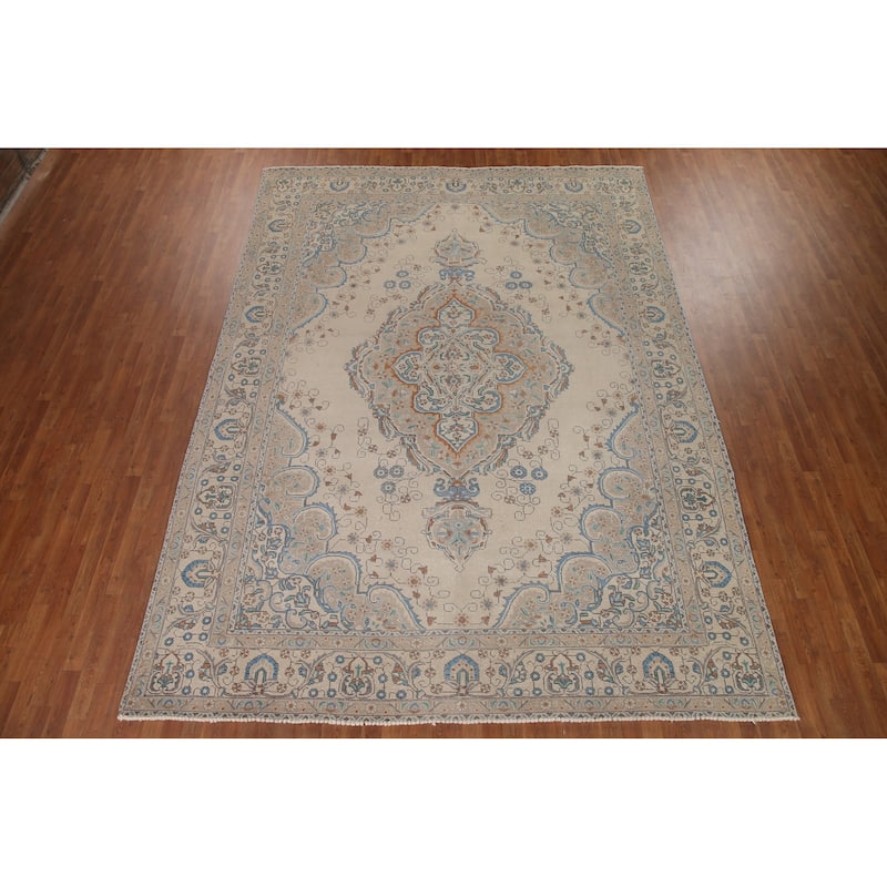 Hand Knotted Oriental 100% Wool Carpet Traditional Medallion Beige & Ivories Tabriz Area Rug - 13' 0'' X 9' 7''