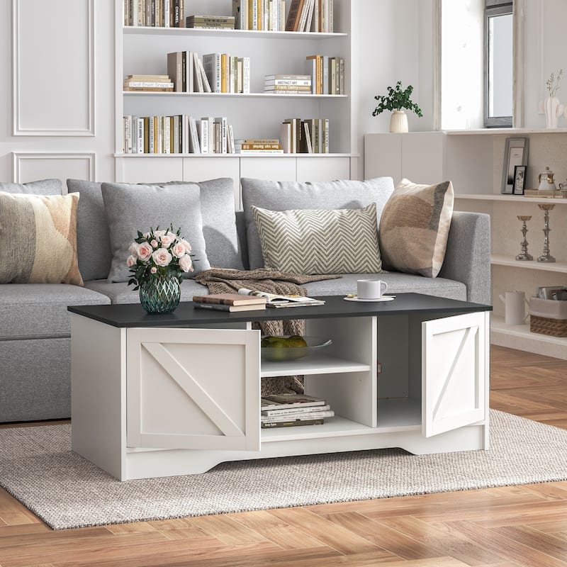 47" Rustic Farmhouse Coffee Table with Storage & Sliding Doors - White & Black