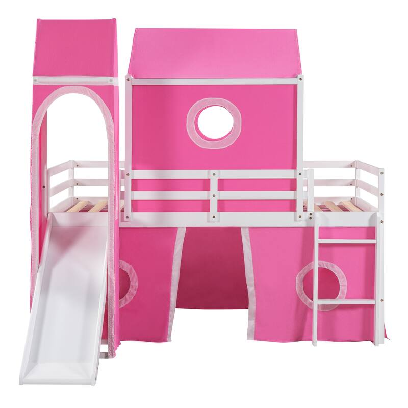 House Loft Bed for Kids, Twin Size Loft Beds with Slide Tent and Tower