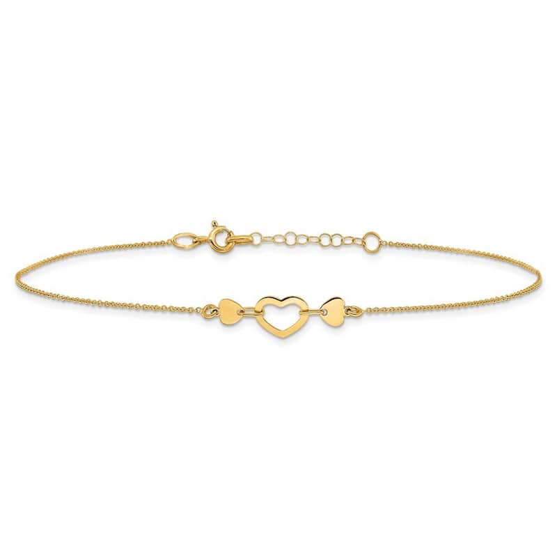 Curata Women's 14k Yellow Gold Polished Heart Anklet - 10 Inch