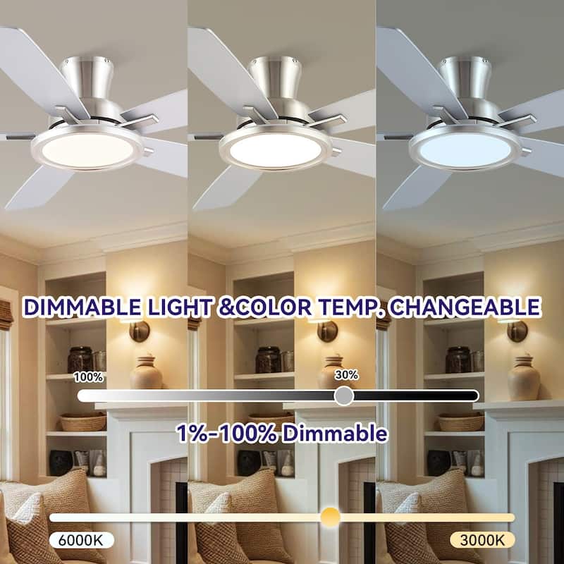 52/54 Inch Flush Mount Low Profile Ceiling Fan with Light,Remote and App Control