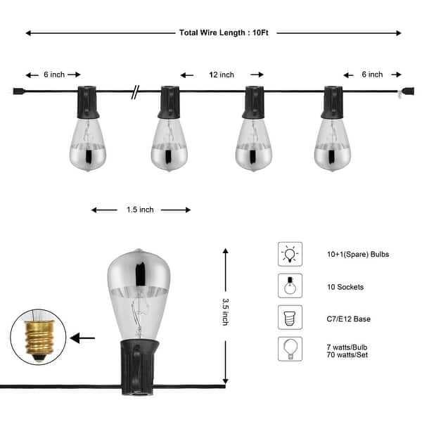 dimension image slide 1 of 3, JONATHAN Y 10 ft C7 String Lights - 10-Light, Indoor/Outdoor - 10-Light