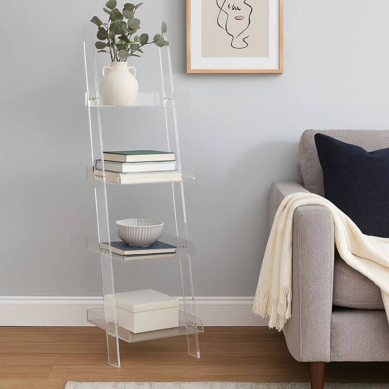 72 Inch Modern Ladder Bookcase, 4 Shelves, 3 Tray Edges, Clear Acrylic