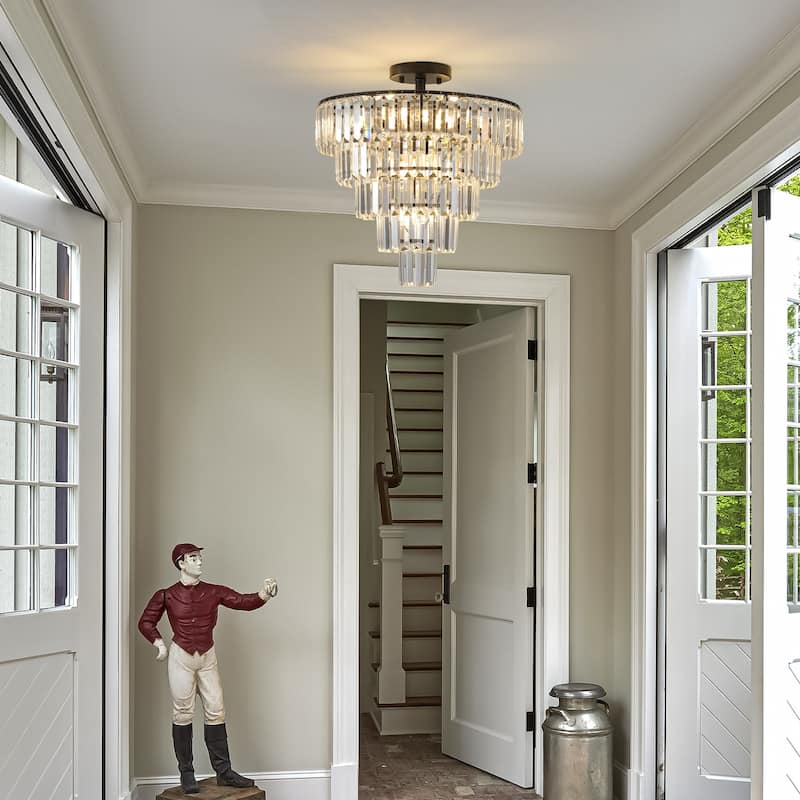 5-Tier Round Semi Flush Mount Crystal Chandeliers for Living Room