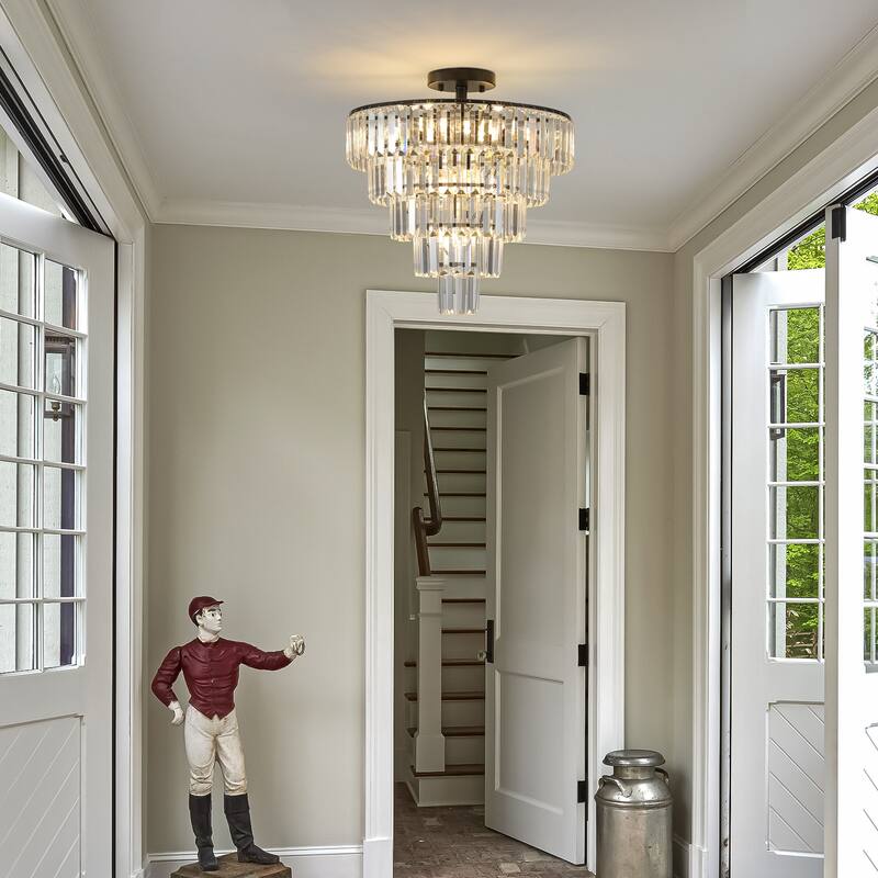 Gold Crystal Chandeliers,5-Tier Round Semi Flush Mount Chandelier Light Fixture, Luxury Ceiling Lighting for Living Room Dining