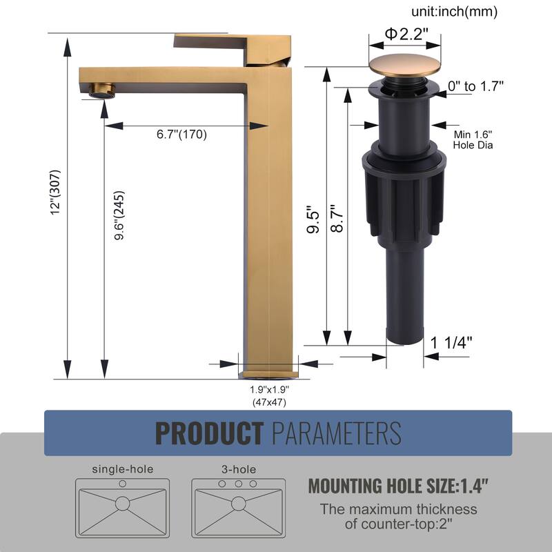 WOWOW Single Handle Single Hole High Arc Bathroom Vessel Faucet