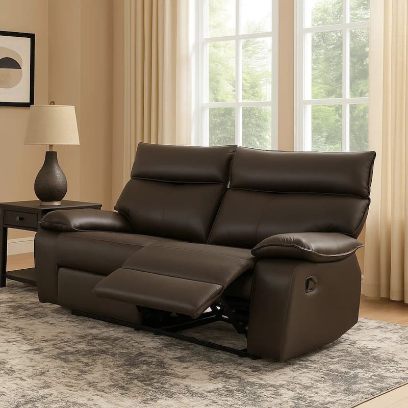 Ozy Manual Recliner Loveseat, 64 Inch, Contemporary Brown Grain Leather