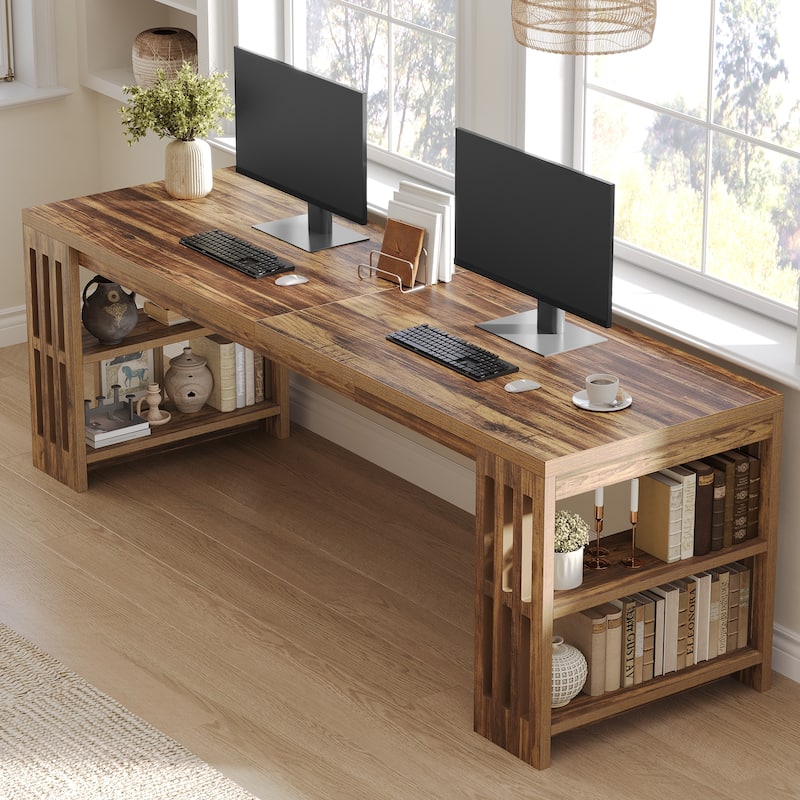 Two Person Desk with Bookshelf Computer Office Double Desk - Rustic Brown