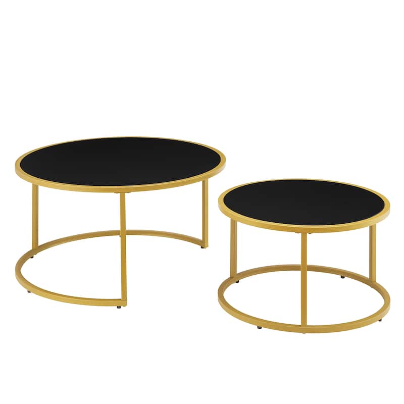 Modern Faux Leather Nesting Coffee Tables, Round Accent Tea Table Set of 2 with Gold Metal Base for Living Room