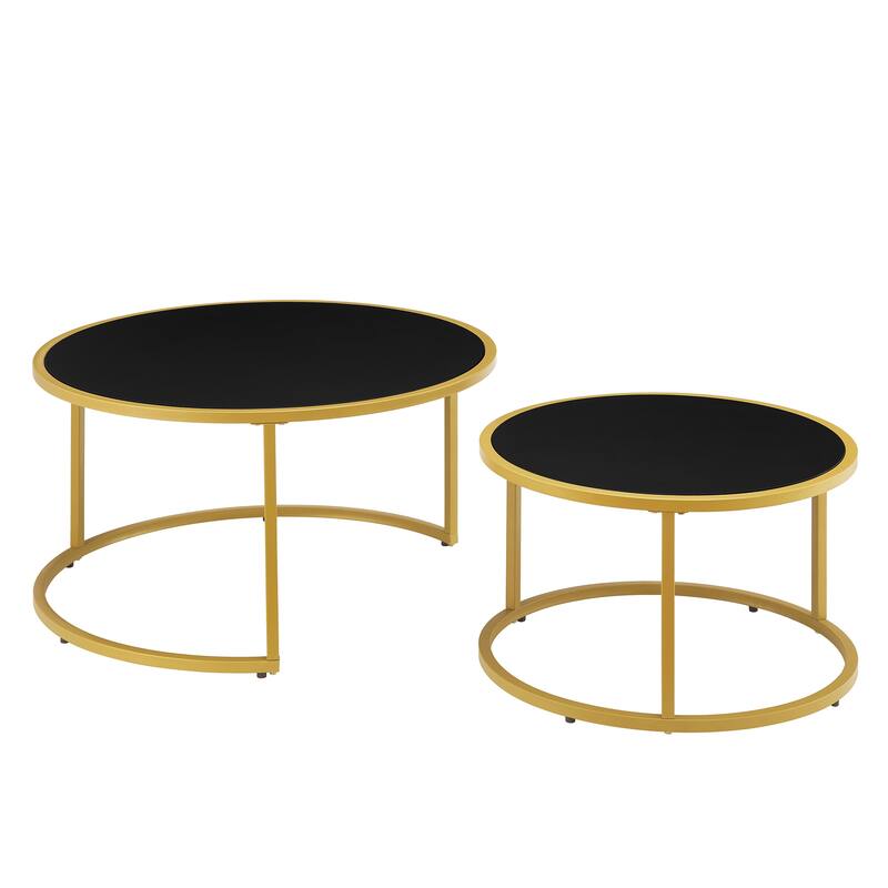 Modern Faux Leather Nesting Round Coffee Table with Golden Metal Base,Accent Tea Table for Living Room Set of 2