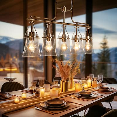 Haye Modern Gold Brass 5-Light Chandelier Seeded Glass Kitchen Island Lights for Dining Room - L37.8" x W 5.3" x H16.5"