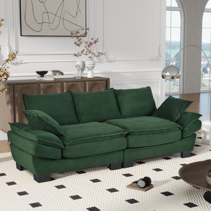 85.4" Modern Curved Corduroy Sofa in Dark Green with Pillows for Living Spaces