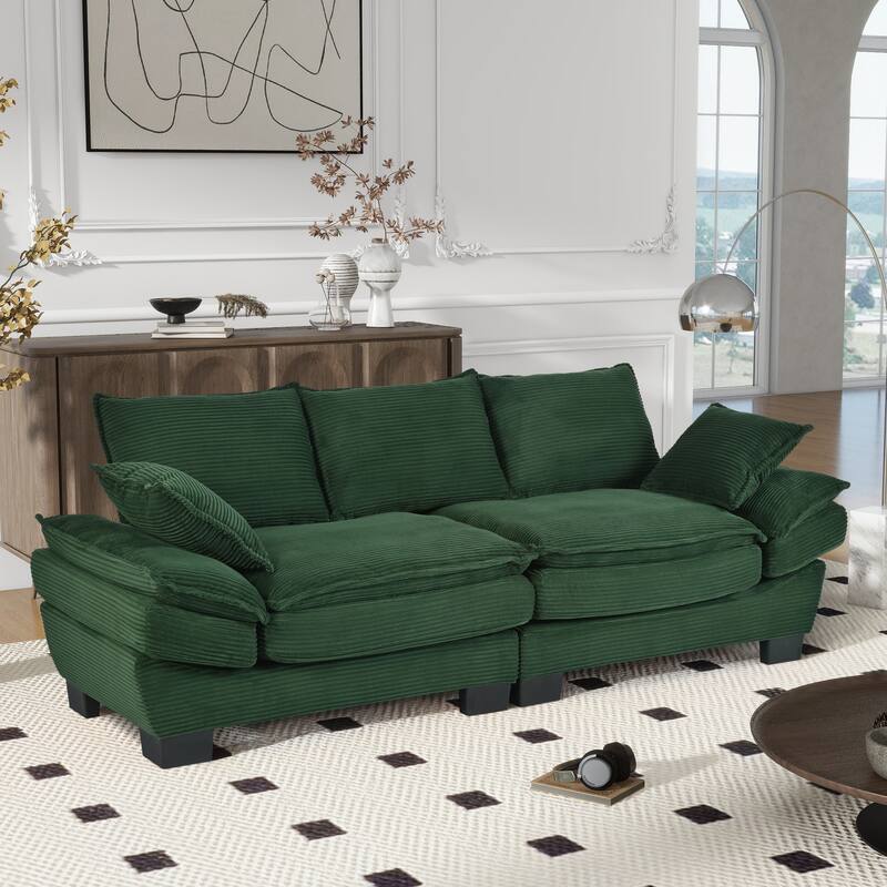 85.4" Modern Curved Sofa, Back Upholstered Couch with 2 Decorative Throw Pillows, Corduroy Fabric Couch