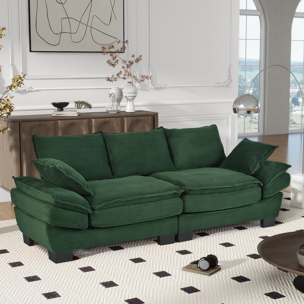 Corduroy Fabric Small Sofa, Upholstered Curved Sofa with 2 Throw Pillows, Deep Seat Sofa with Armrests & Cushions
