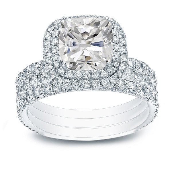 Auriya 2 1/2ctw Cushion-cut Halo Diamond Engagement Ring 3pc Set 14k Gold Certified. Opens flyout.