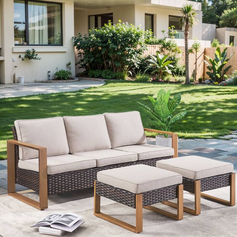 Pocassy 3 Pieces Outoor Patio Sofa Chair Ottoman Set - Beige cushion - Brown Wicker