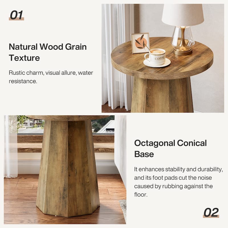 Farmhouse Wood Round End Side Couch Table with Octagonal Base
