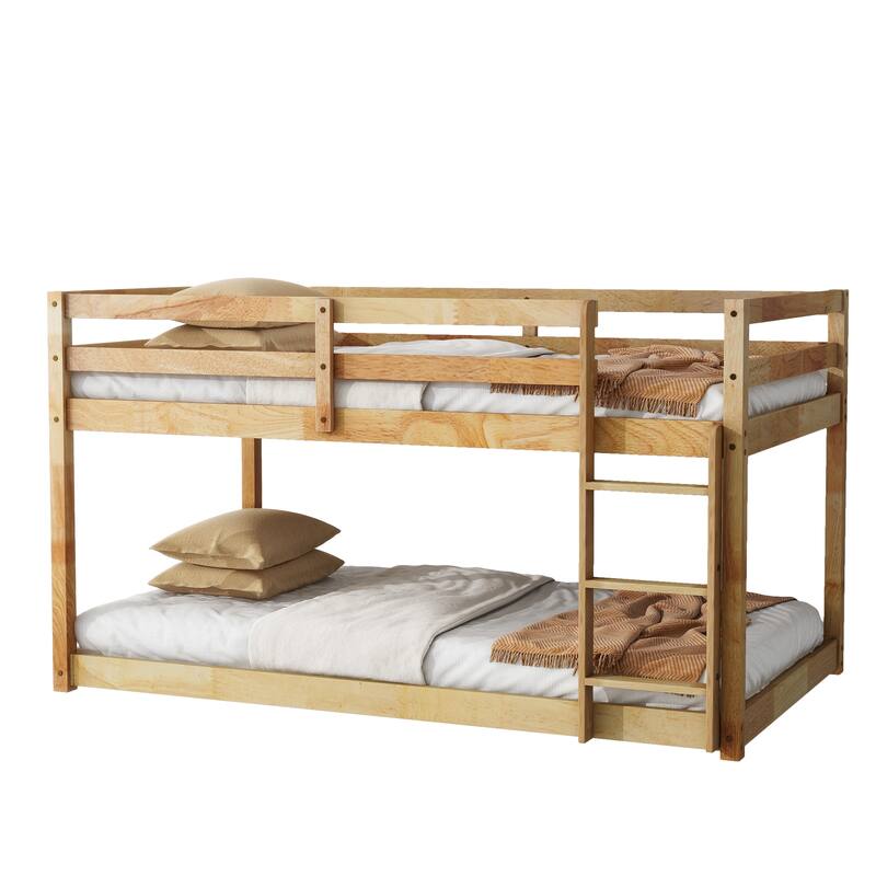 Low Loft Bed with Ladder, Solid Rubber Wooden Bed Frame for Multi Children, Floor Bed - Available with or without Slats