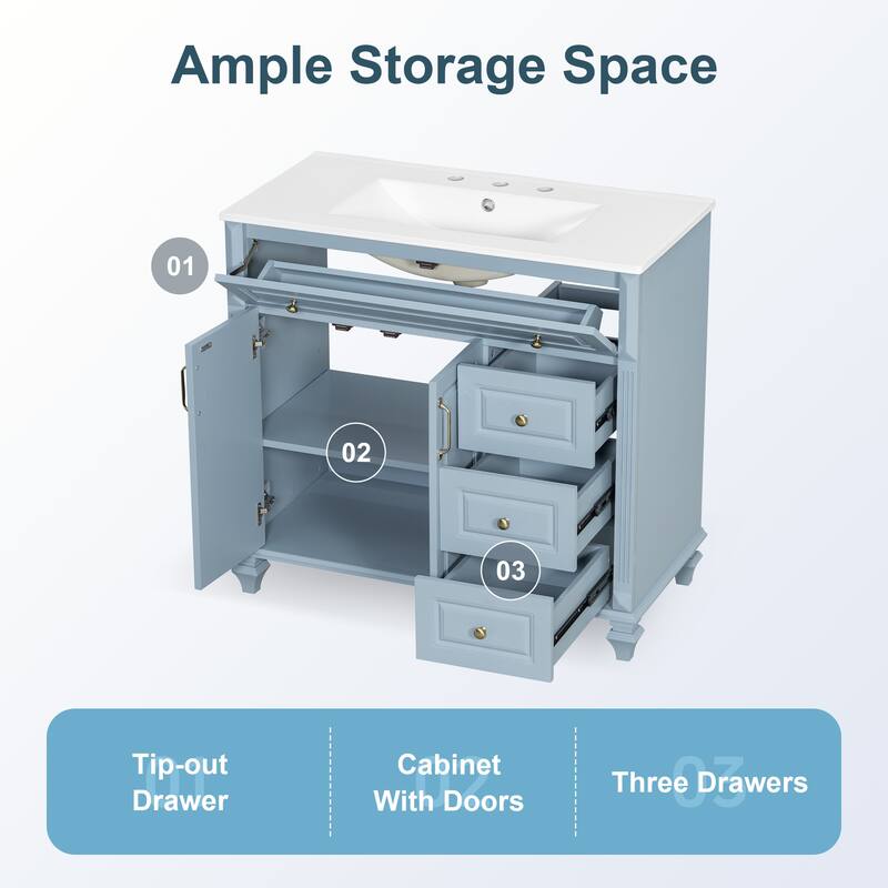 36" Bathroom Vanity with Sink - Solid Wood Cabinet with Flip Drawer, 3 Drawers & 2 Doors, Gold Handles, Modern Vanity