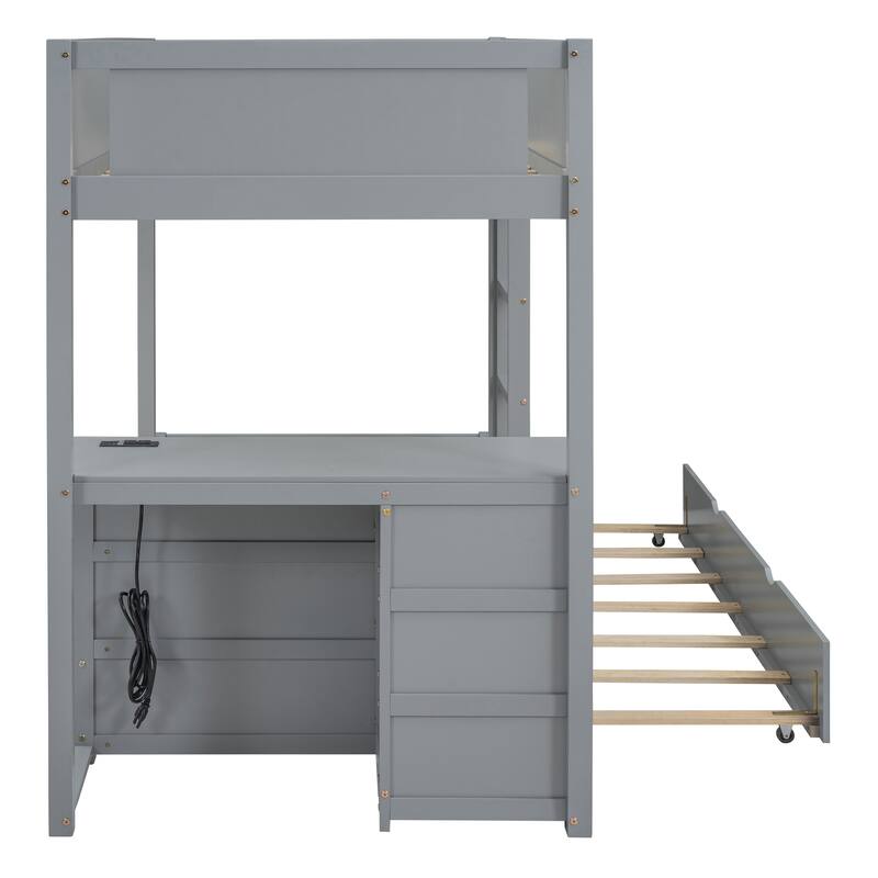 Twin-Over-Twin Bunk Bed with Trundle, Storage, and Desk in Gray