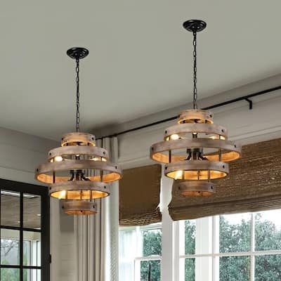 Wooden Rustic Lantern Chandelier, 6-Light Contemporary Pendant Light - N/A
