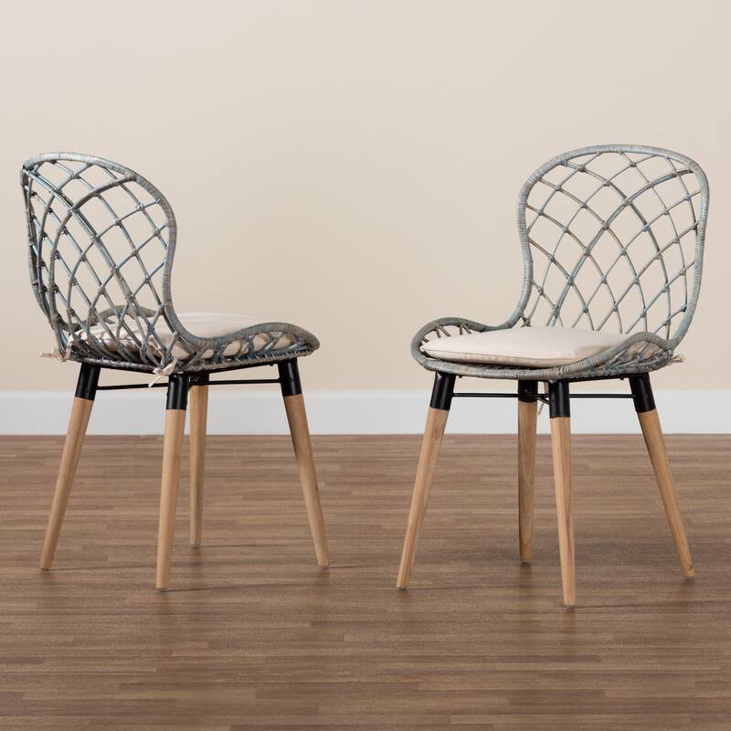 Sabelle Modern Bohemian Natural Brown Finished Teak Wood and Light Blue Rattan 2-Piece Dining Chair Set