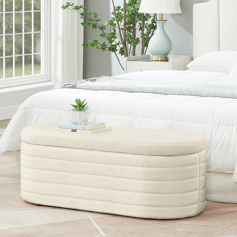 Boucle Teddy Fabric Storage Ottoman Bench with Safety Hinge for Entryway - Cream