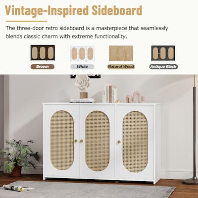 Boho White Buffet Sideboard Bar Cabinet, Diningroom Accent Storage Cabinet TV Console Table with Oval Artificial Rattan Doors