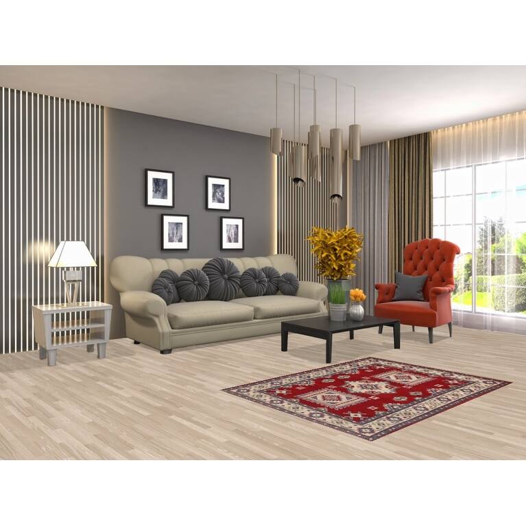 Geometric Red Kazak Oriental Accent Rug Handmade Wool Carpet - 3'3"x 4'6"