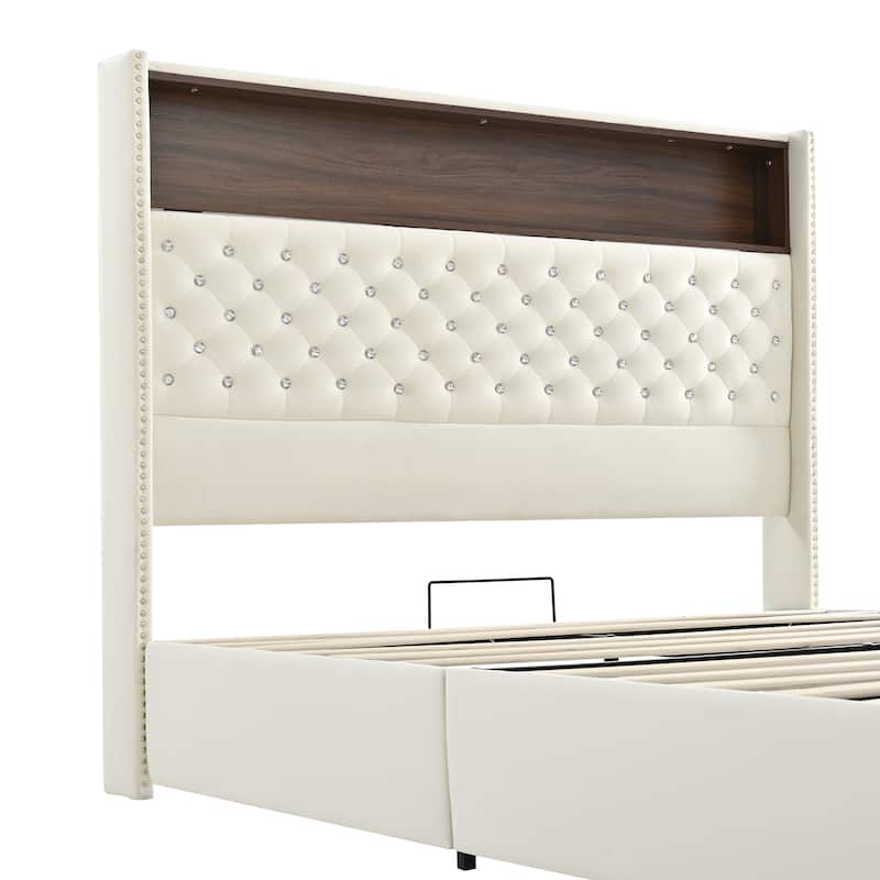 Velvet Tufted Wingback Bed Frame with Rivet Decoration Headboard Built-in Shelf USB Port and Night Light, Soft Platform Bed