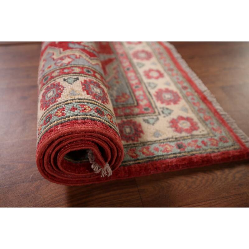 Geometric Red Kazak Accent Rug Hand-Knotted Foyer Wool Carpet - 2'10" x 4'3"