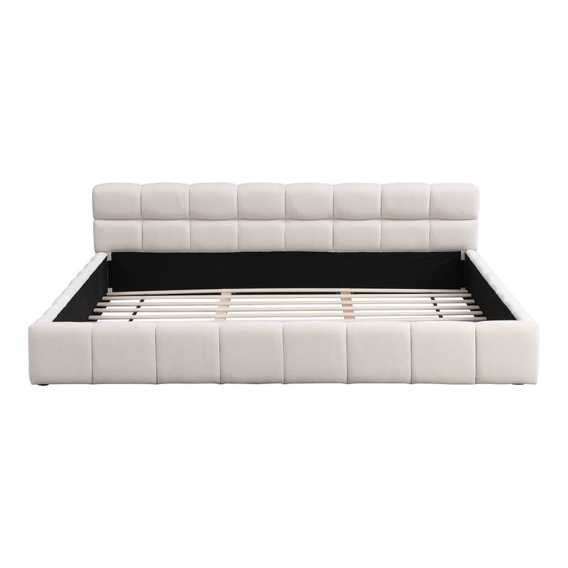 Elegant Beige Chenille Upholstered Bed with Checkerboard Design, King