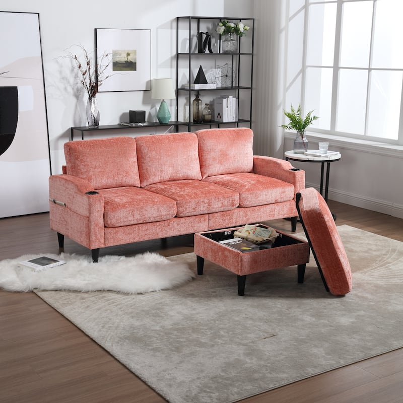 Chenille Deep Seat Couch with Chaise, L-shaped Sectional Sofa with Storage Ottoman, Cup Holders and Side Pockets for Living Room