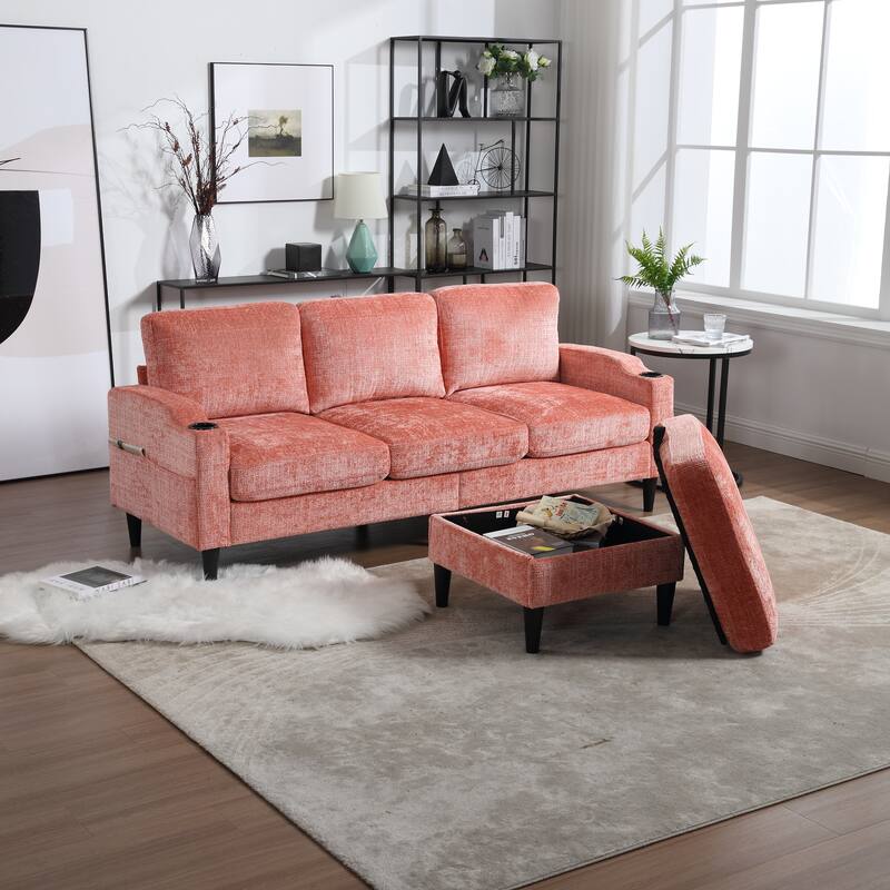 Modular Sectional Sofa with Storage Ottoman, Comfy Chenille Fabric Sofa, 3-Seater Sofa with Side Pockets & 2 Cup Holders