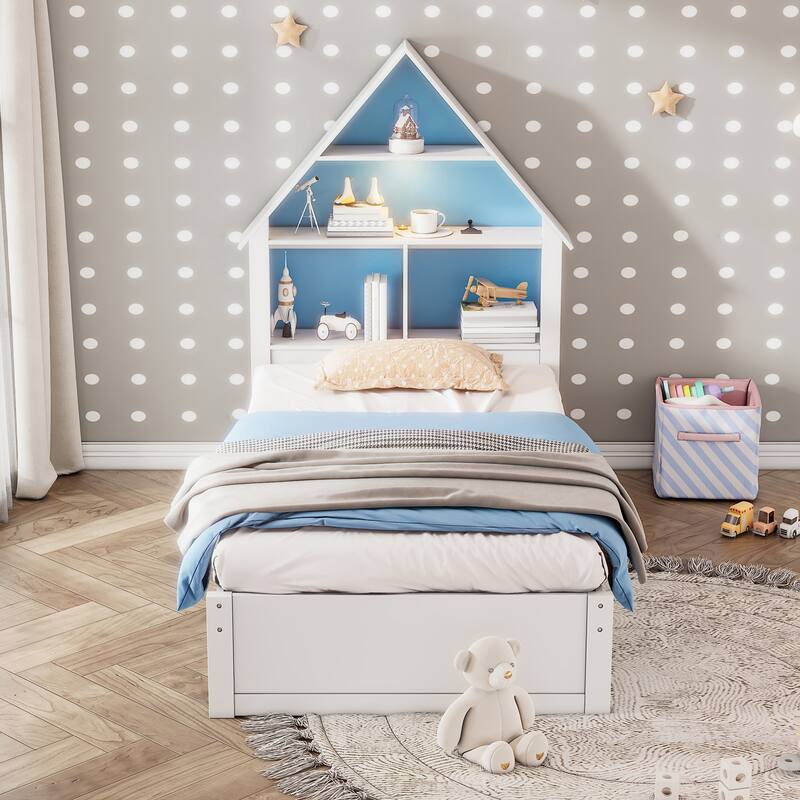 Twin Size House-Shaped Bed with Bookcase Headboard and Led Light and Twin Size Trundle for Kids Boys Girls