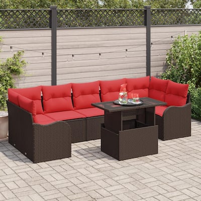 vidaXL 8/9 Garden Sofa Set with Cushions Black/Brown/Grey Poly Rattan - 113.8 x 48.2 x 27.2