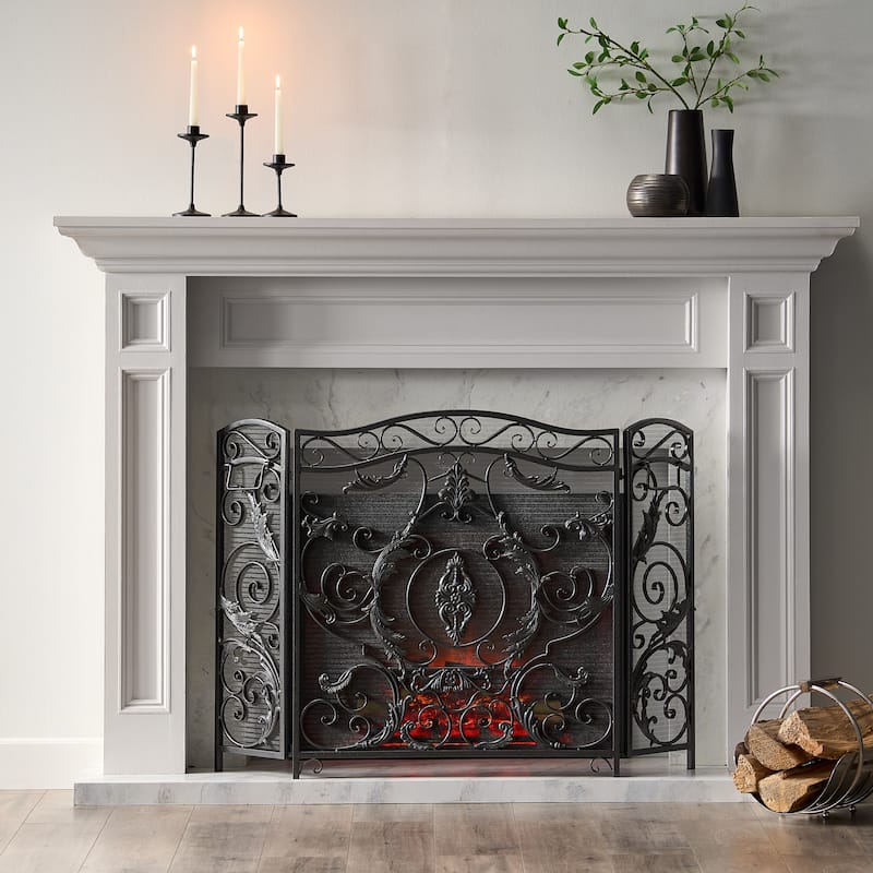 Waterbury Fireplace Screen by Christopher Knight Home - N/A - Silver Flower on Black