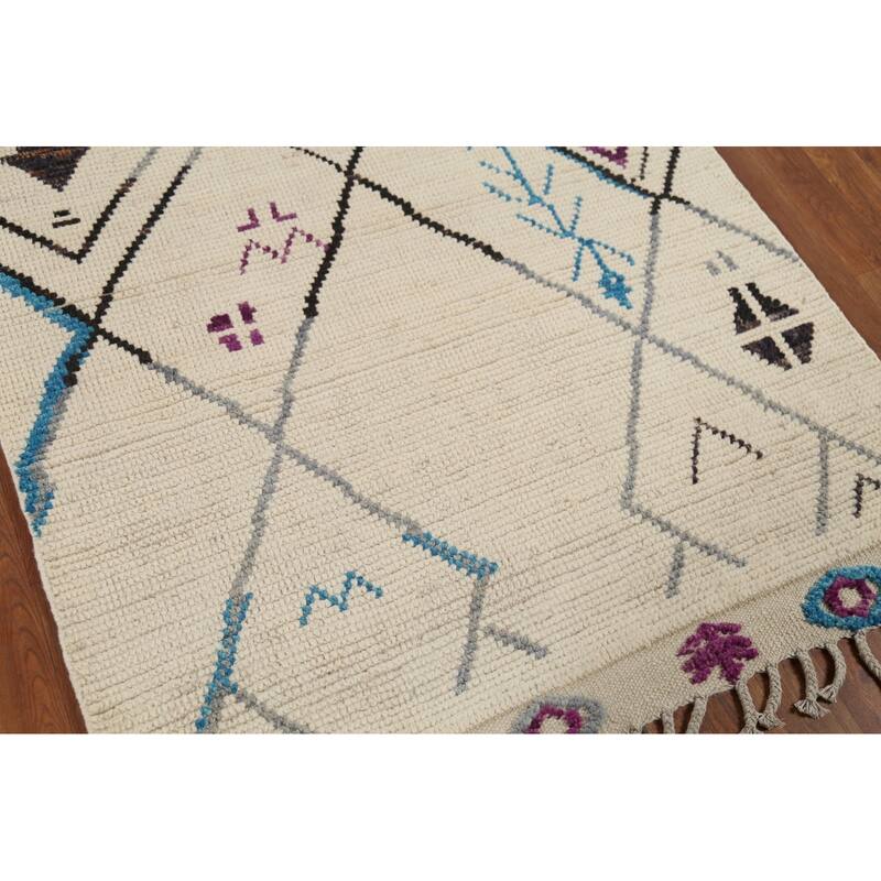 Striped Ivory Moroccan Oriental Area Rug Handmade Wool Carpet - 3'10"x 6'11"