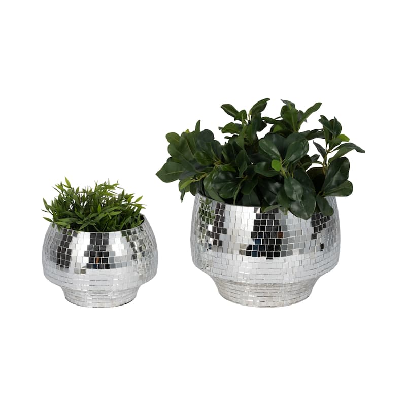 Sagebrook Home's Set of 2 Iron Curved Disco Mosaic Planters, 9/11-Inch, Dazzling Silver - 11" x 11" x 8"